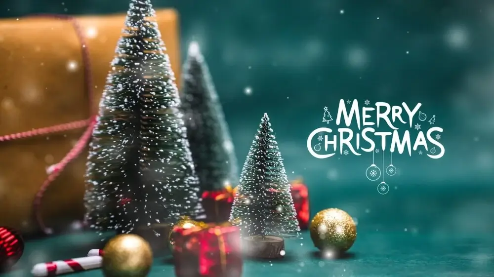 a chirstams vibe image with christmas trees, golden balls and more which is used for Merry Christmas Wishes - theshayarihub.com